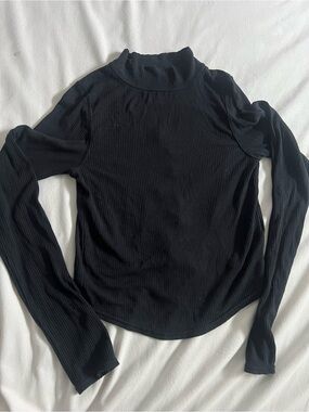 Free People Black Ribbed Mock Neck Long Sleeve Top